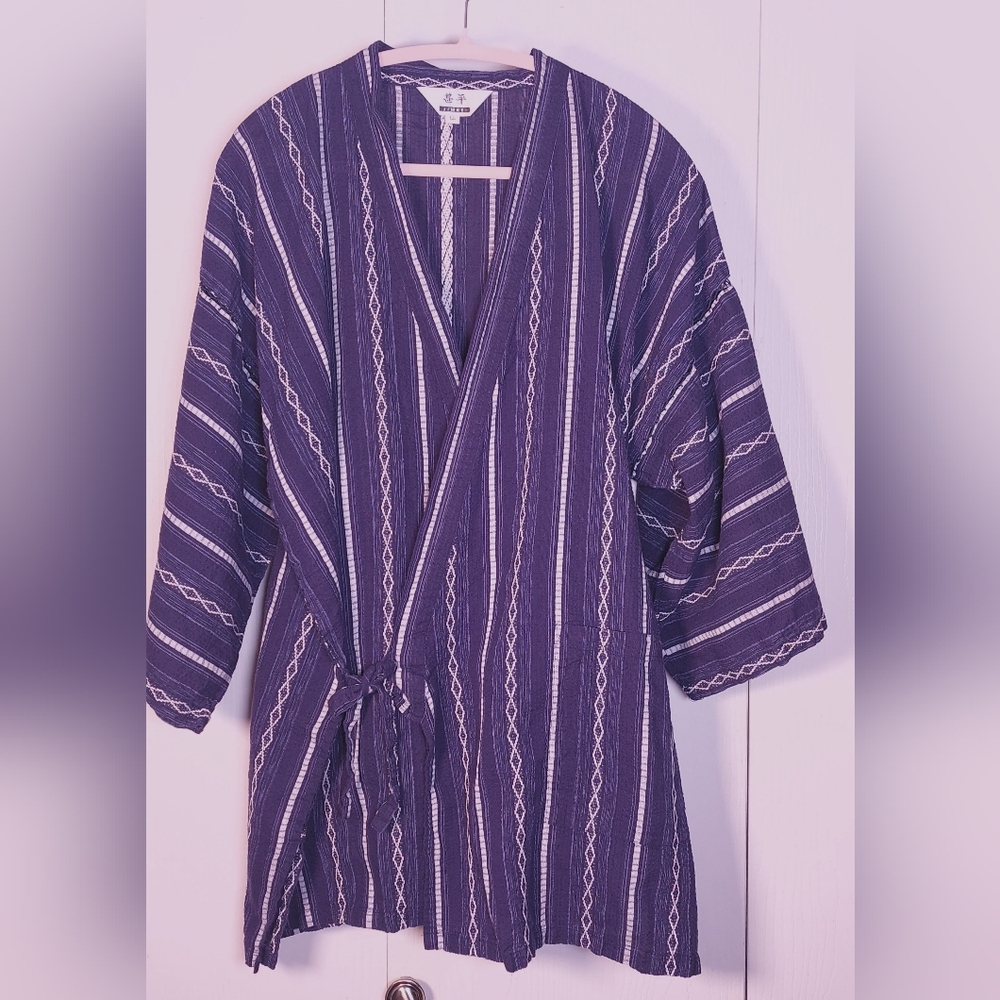 Japanese Kimono Cotton Cardigan Jacket Kimono Japan Textured Size LL Blue Stripe - Picture 16 of 16